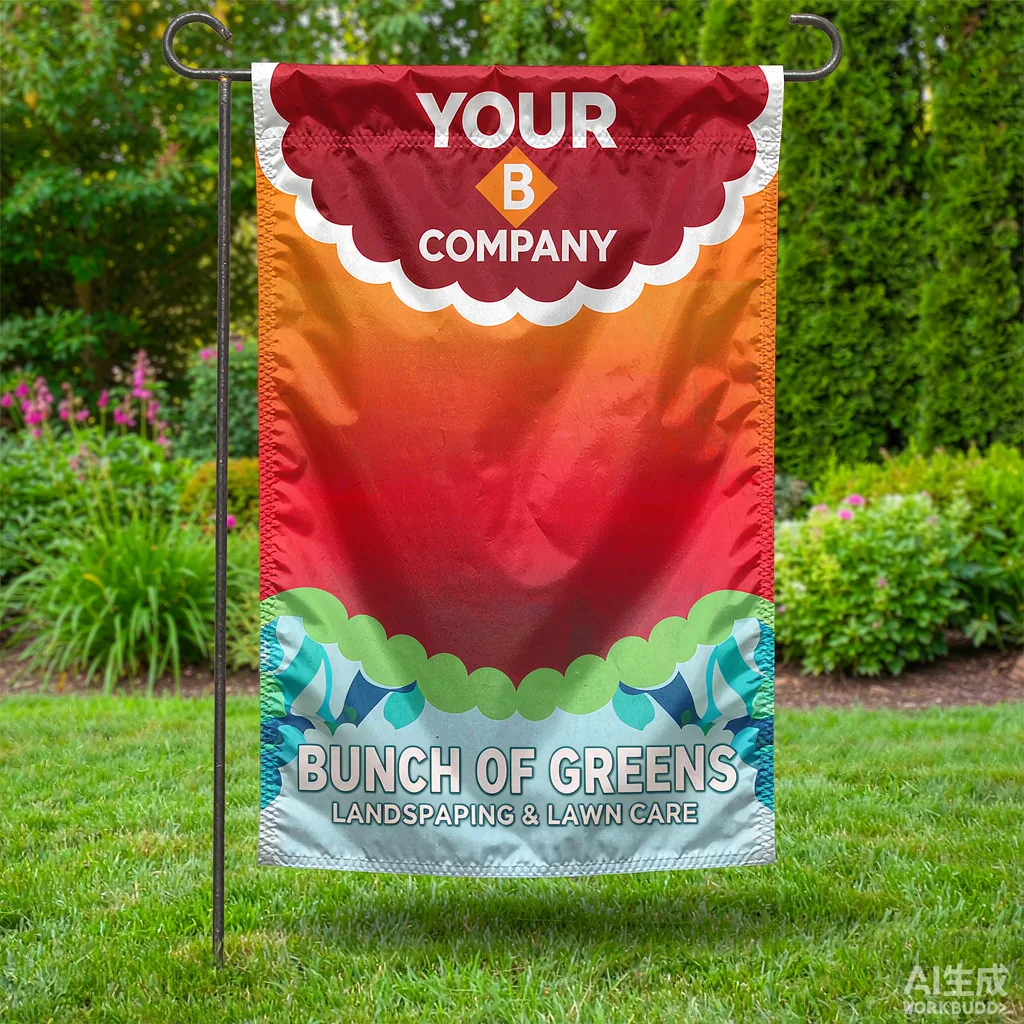 Custom garden flag on a stake in a garden